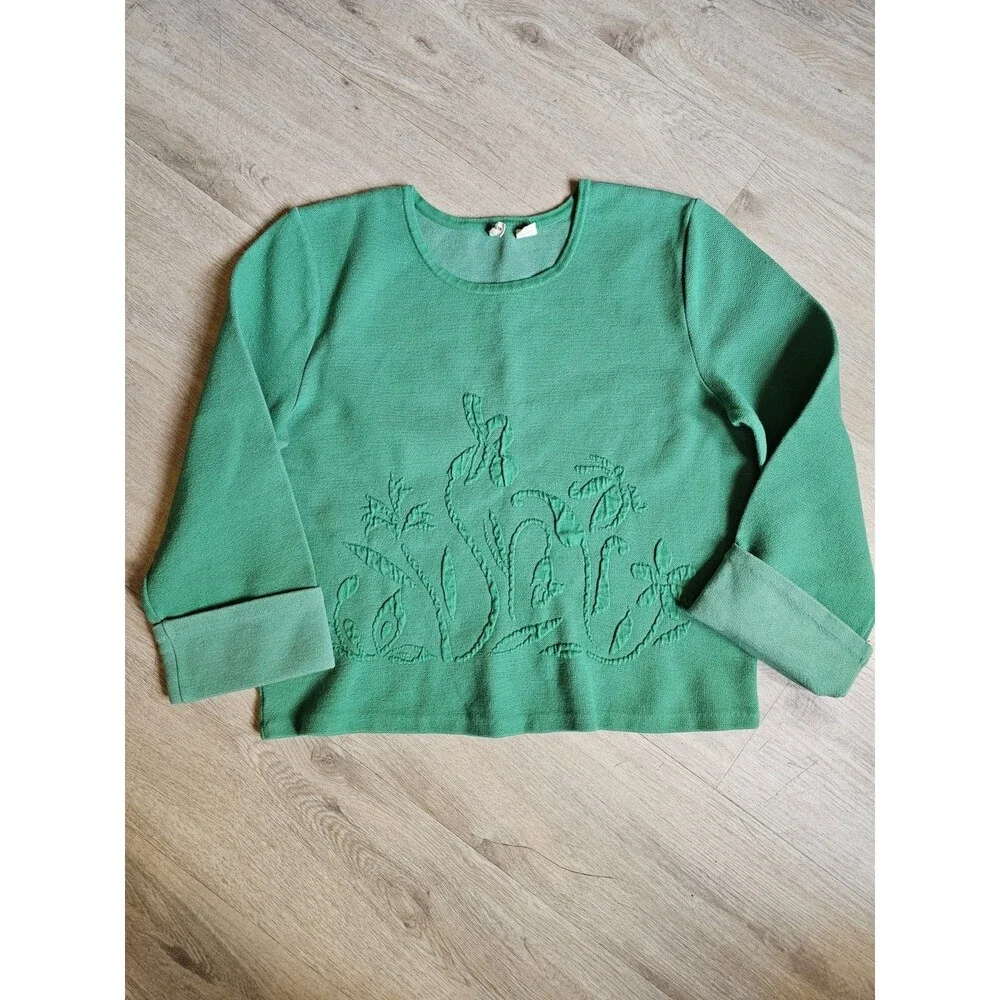 Moth by Antropologie Kelly Green Floral Embossed Cuff Sleeve Cropped Sweater M - Picture 2 of 8